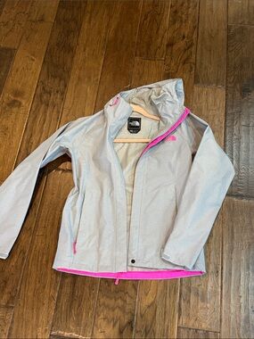 The North Face Light Gray Waterproof Hooded Jacket with Pink Trim